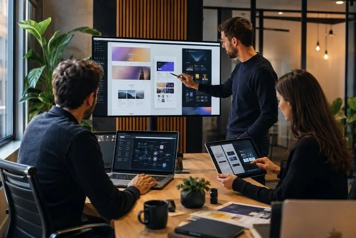 Equipe planejando o desenvolvimento de sistemas web sob medida