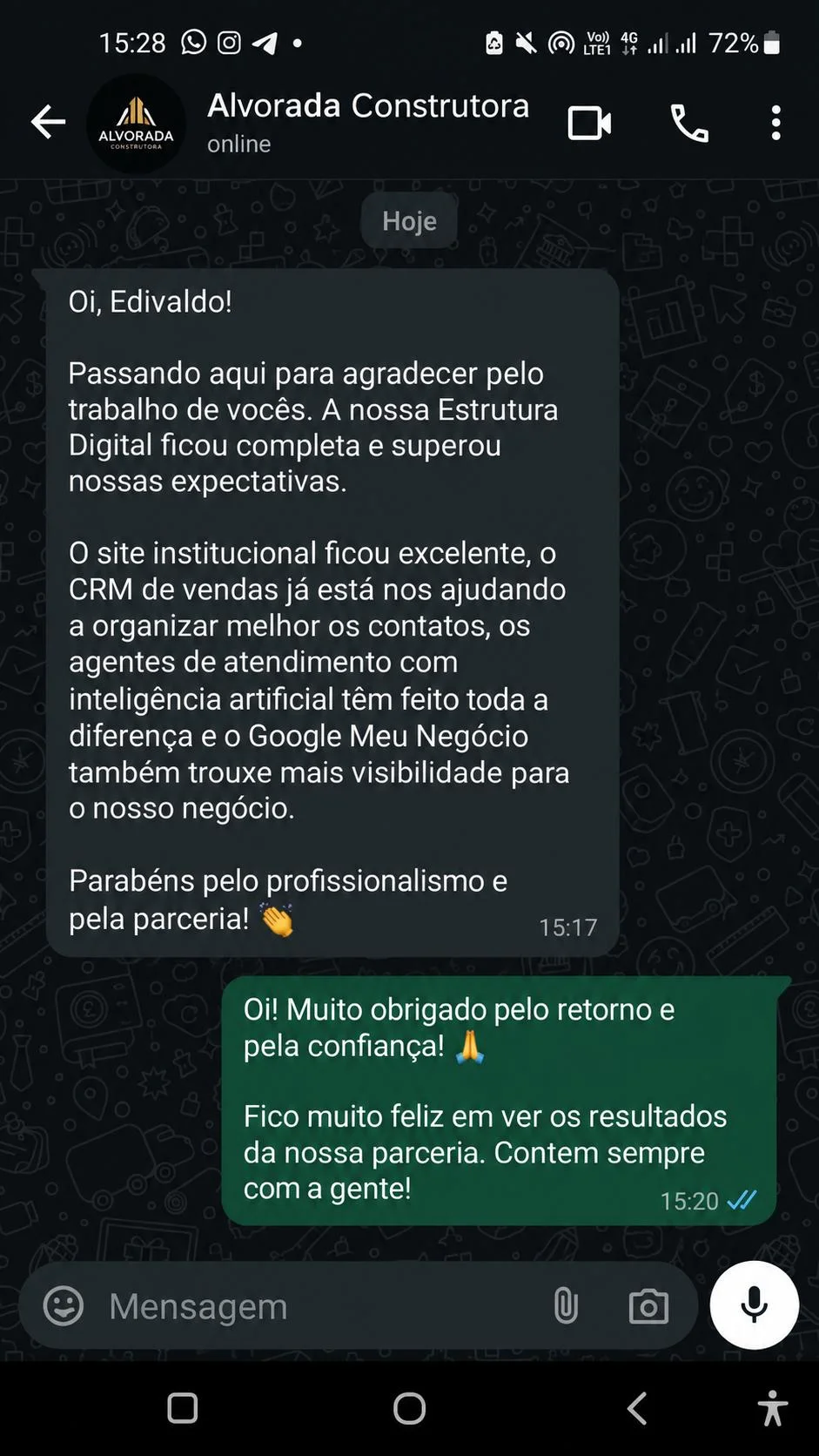 Comprovante de depoimento de Alvorada Construtora