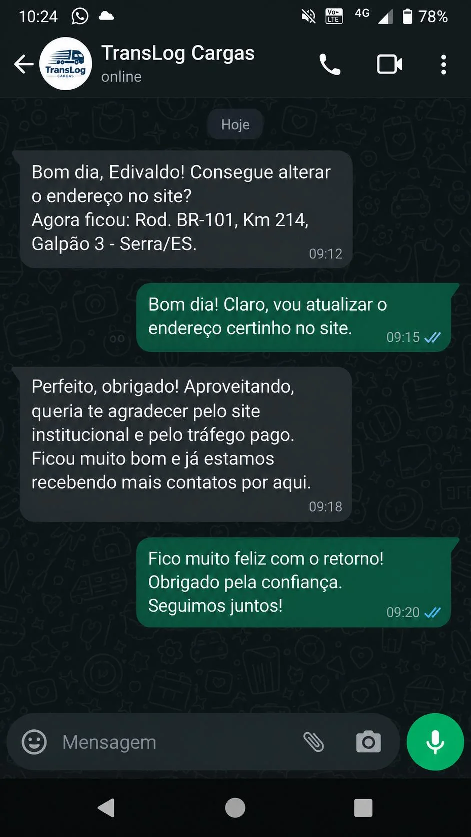 Comprovante de depoimento de Translog Carga