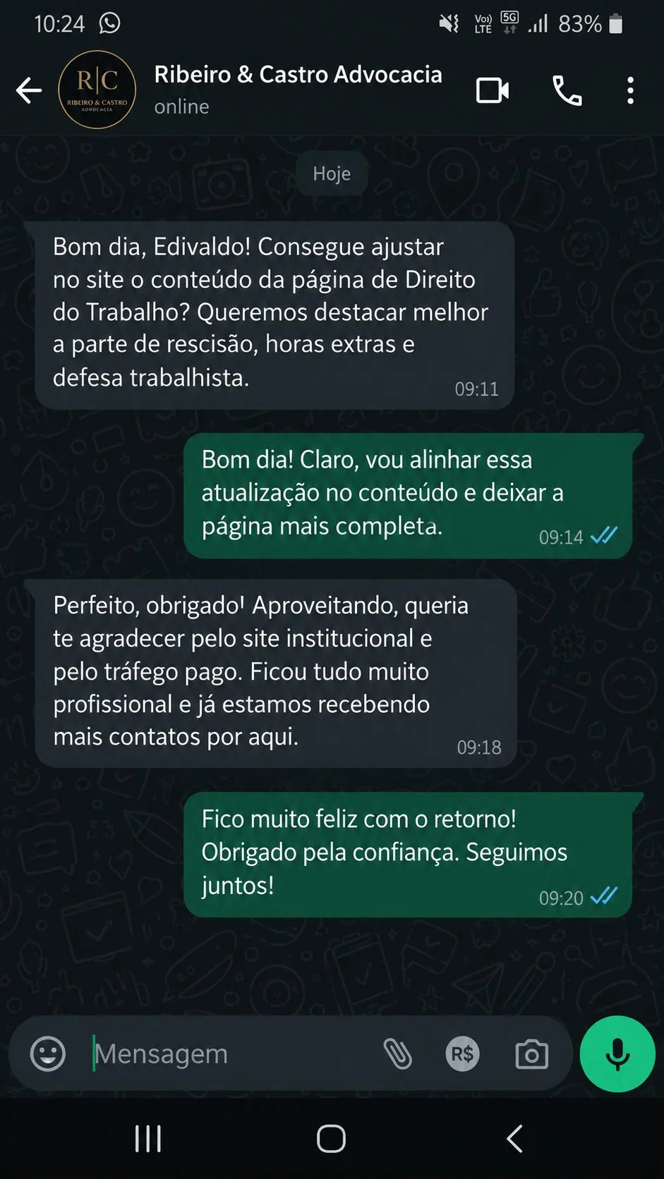 Comprovante de depoimento de Ribeiro & Castro Advocacia