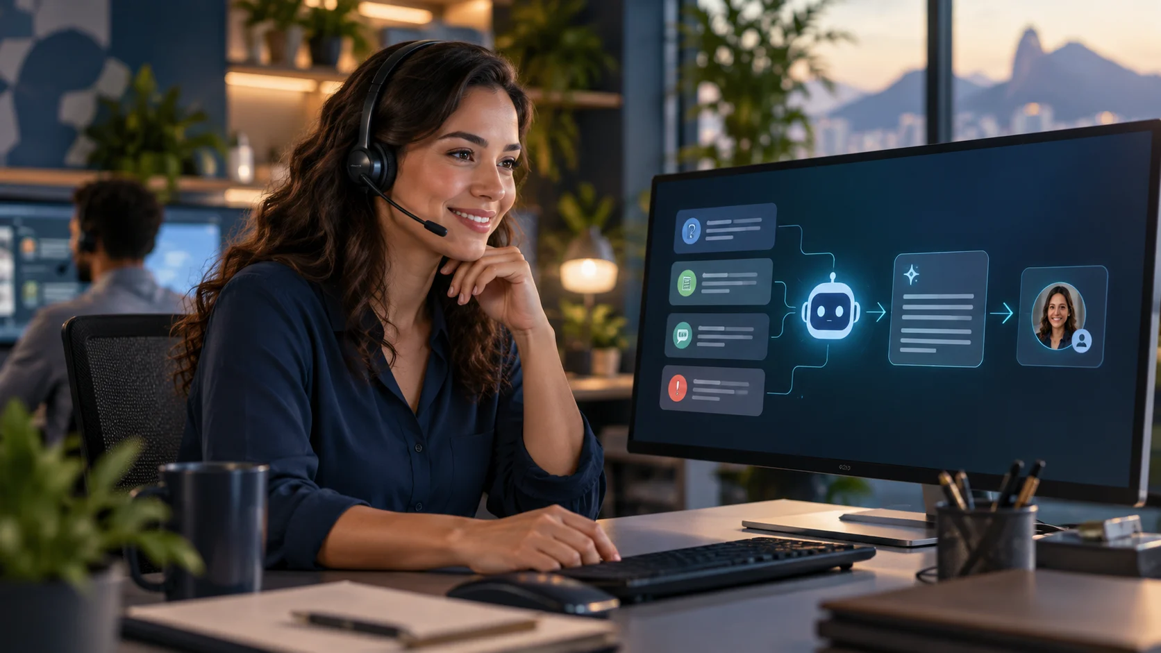 Atendente humano utilizando inteligência artificial como apoio no atendimento ao cliente