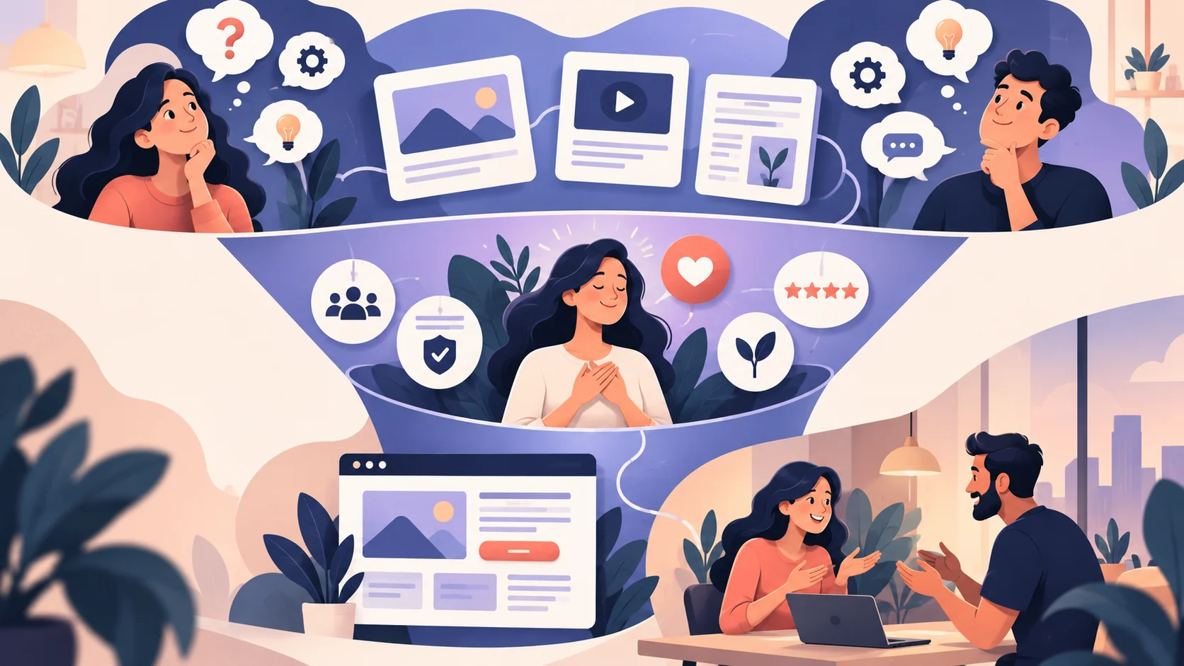 Jornada de marketing de conteúdo que conecta dúvidas do público, informação útil, confiança e contato comercial