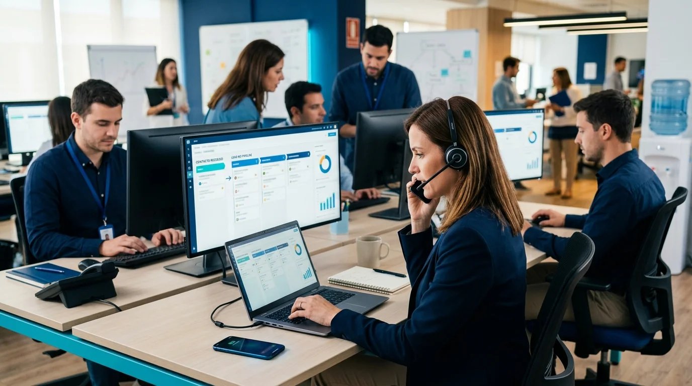 Equipe organizando o acompanhamento de leads e próximos contatos comerciais