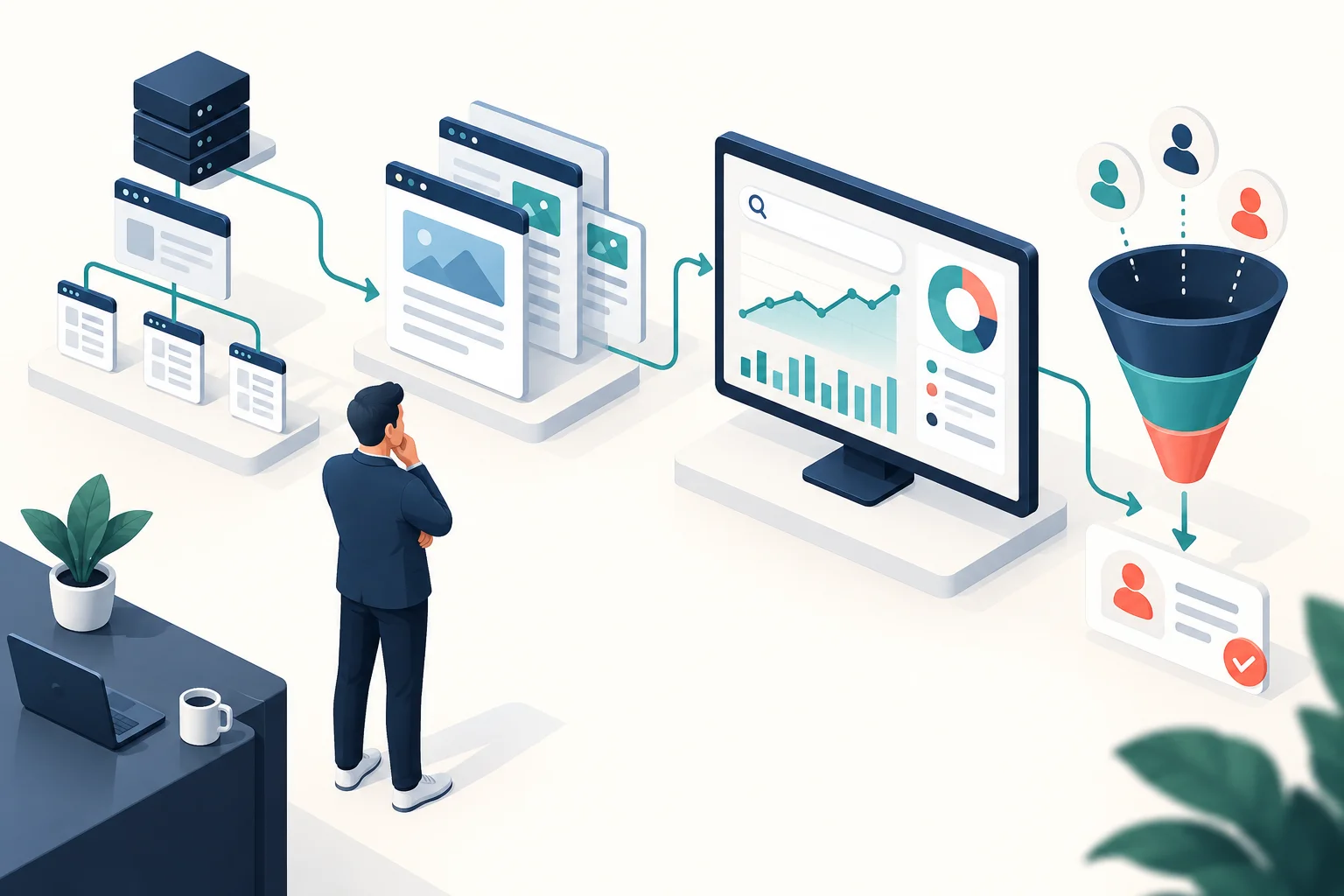 Análise de SEO conectando estrutura técnica, conteúdo, visibilidade em buscas e oportunidades comerciais