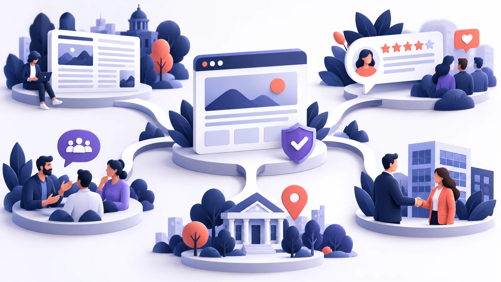 Ilustração de SEO off-page com um site conectado a publicações, parceiros, avaliações e comunidades relevantes
