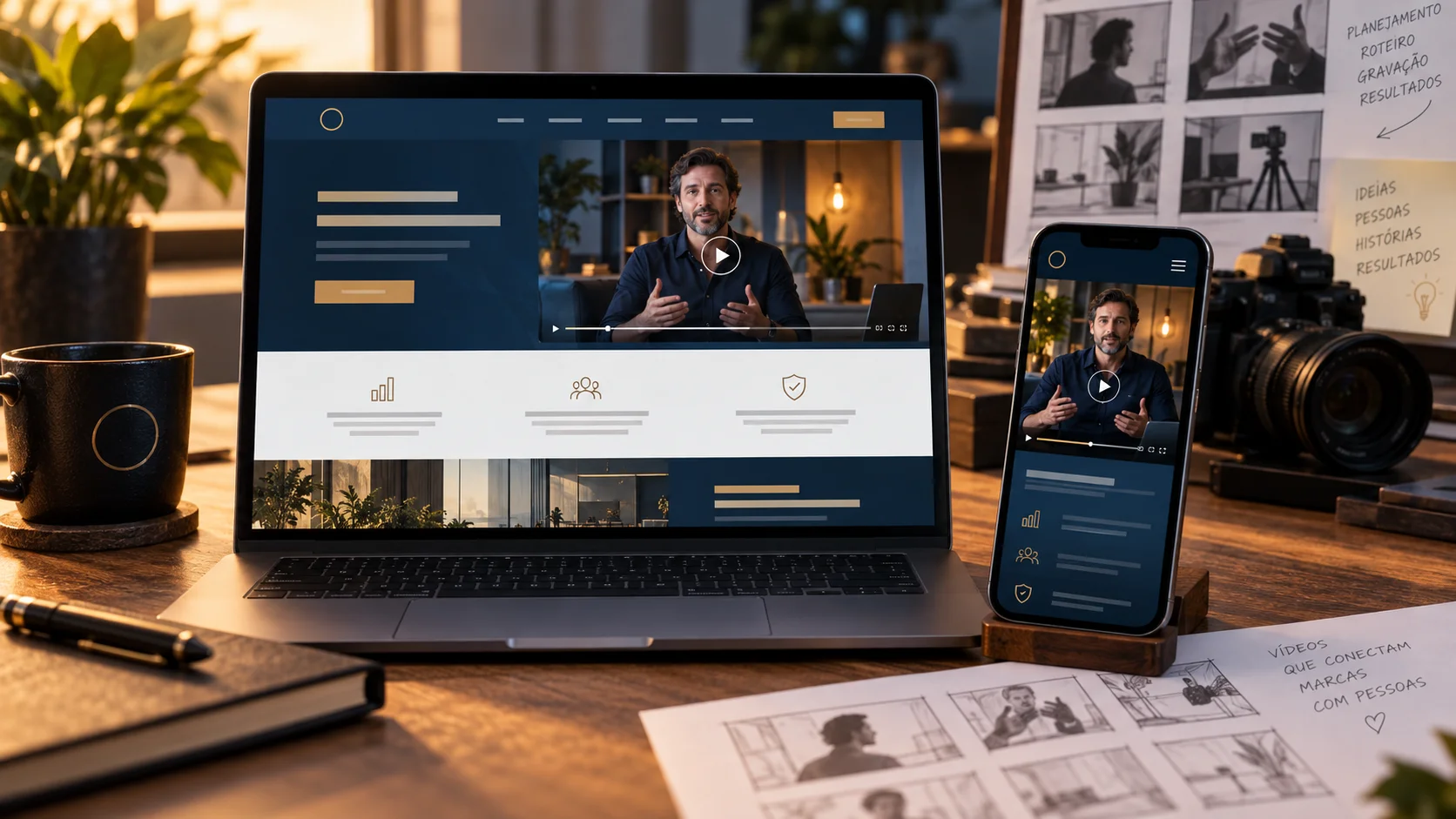 Capa editorial: vídeo personalizado apresentado em site empresarial no computador e no celular